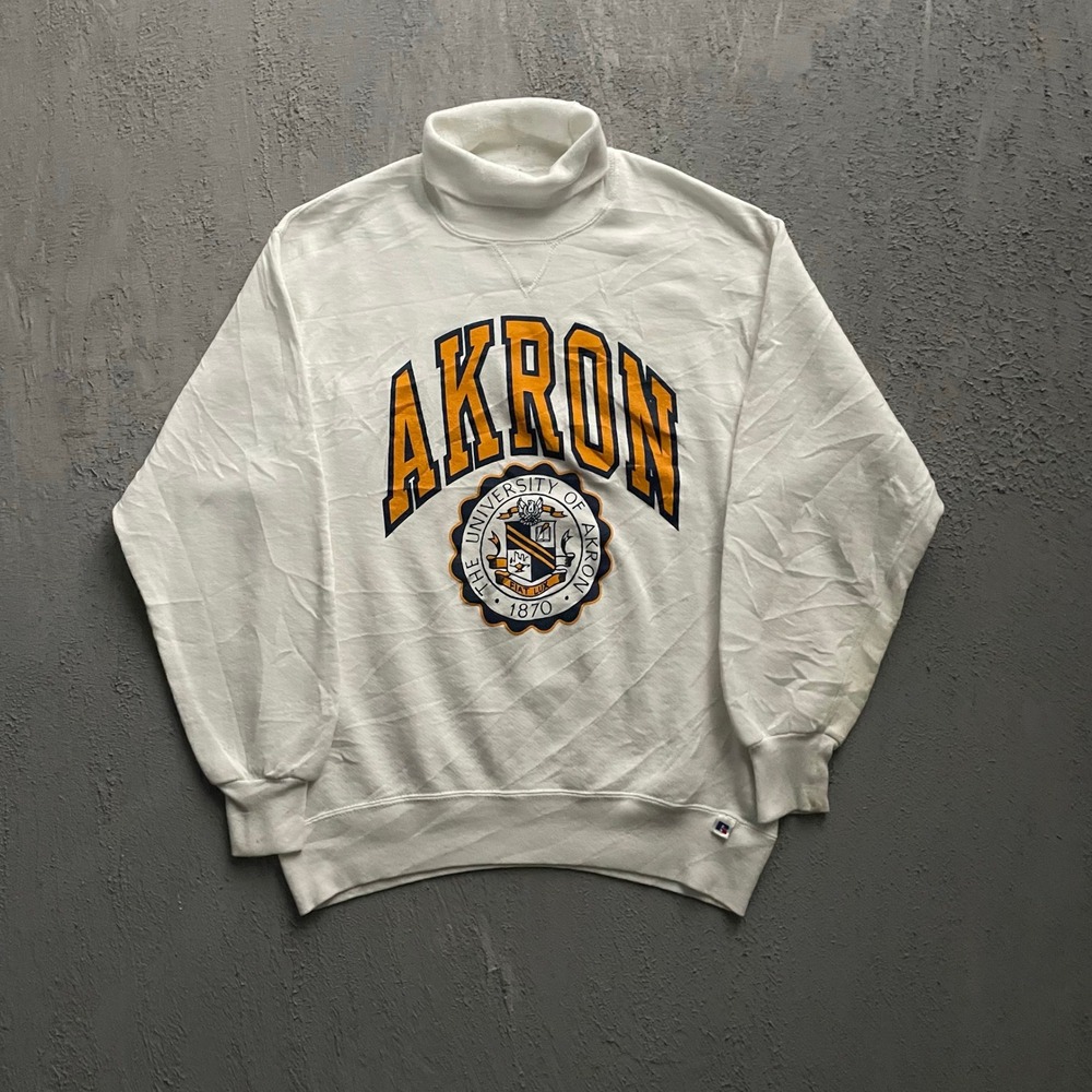 Vintage Akron University Turtleneck Sweatshirt Mens Large White 90s Russell